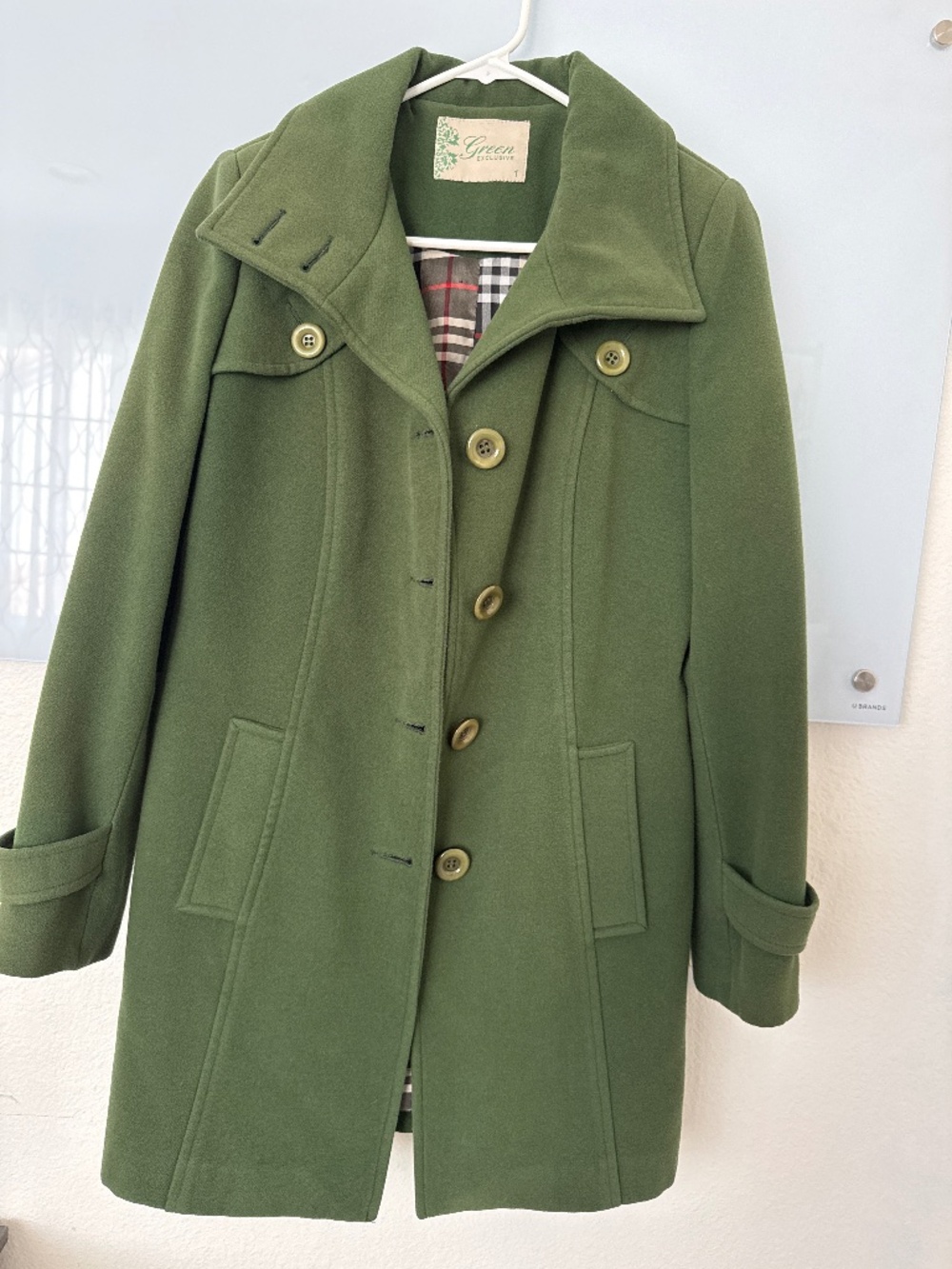 Green Exclusive Green Wool-Blend Long Coat Plaid Lining